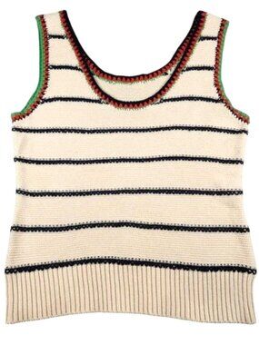 Handmade Crochet Trim Knit Tank Boho Striped Cream Navy Top Size Small/Medium